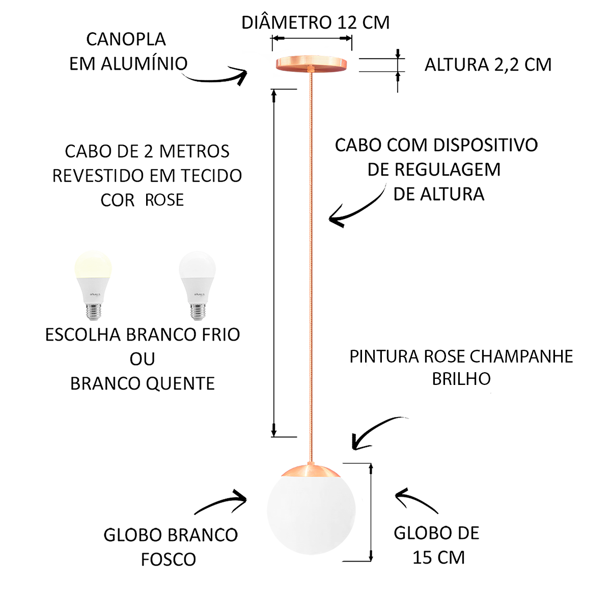 LUSTRE PENDENTE GLOBO JABUTICABA ROSE CHAMPANHE BRILHO STUTT - 2