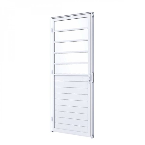 Porta de Alumínio Lambri 215x85cm com Travessa Mista e Vidro Mini Boreal Lucasa Abertura Esquerda Branco