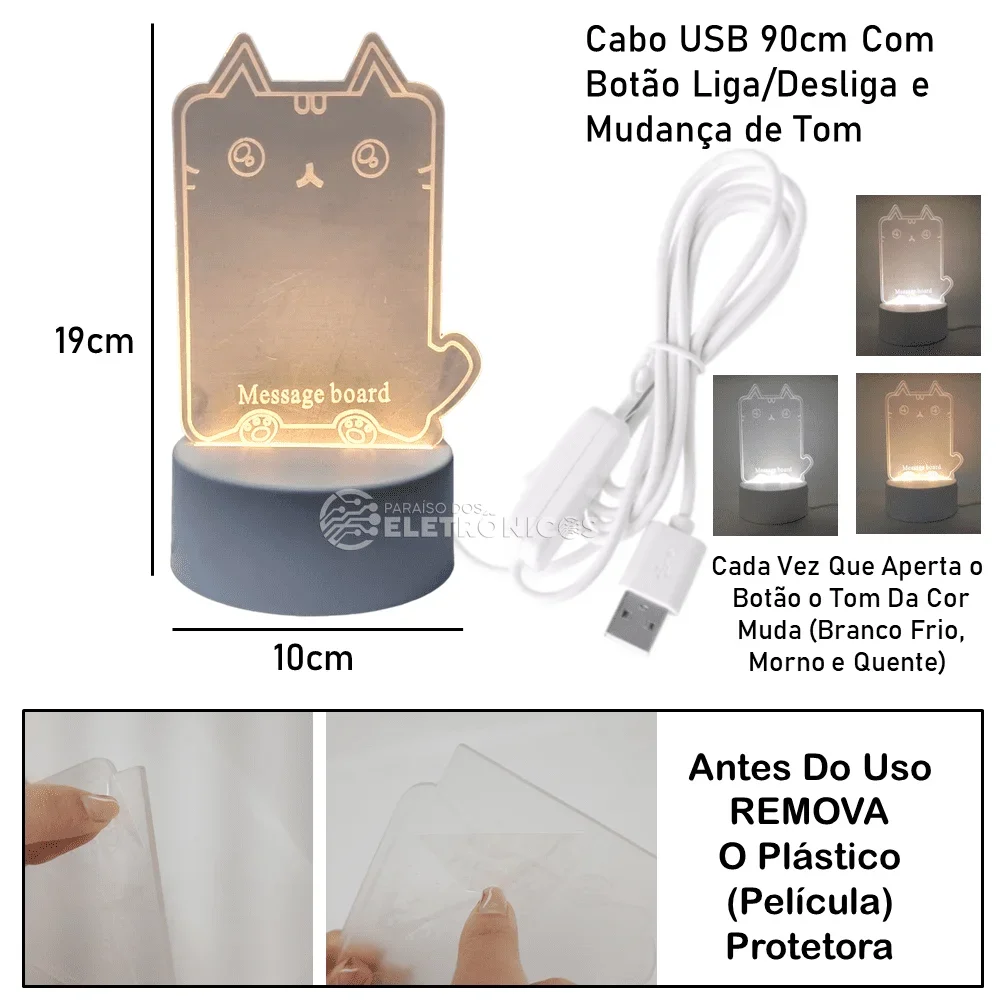 Luminaria Led Escrever de Caneta Lousa Quadro Mesa Anotações Gato - 3