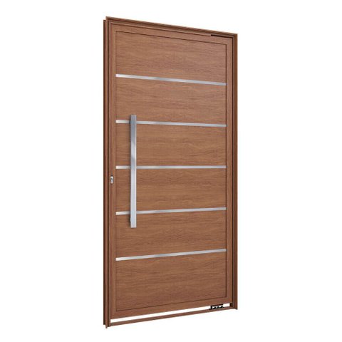 Porta Pivotante Lambri de Aluminio com Friso Puxador de 80cm 215x105 Lucasa Aluminio Marrom/Madeira