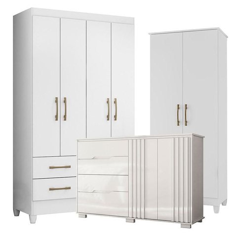 Guarda Roupa Solteiro Chile com Cômoda Texas e Armário Multiuso Jade Branco Brilho– Moval
