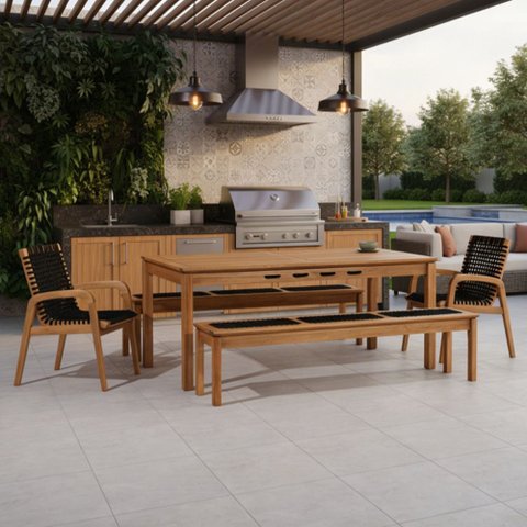 Mesa de Jantar com 02 Bancos de Madeira e 02 Cadeiras com Braço Trammare C07 Corda Preta - Lyam Deco