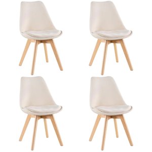 Kit 4 Cadeiras Charles Eames Leda Veludo Estofada Base Madeira - Bege