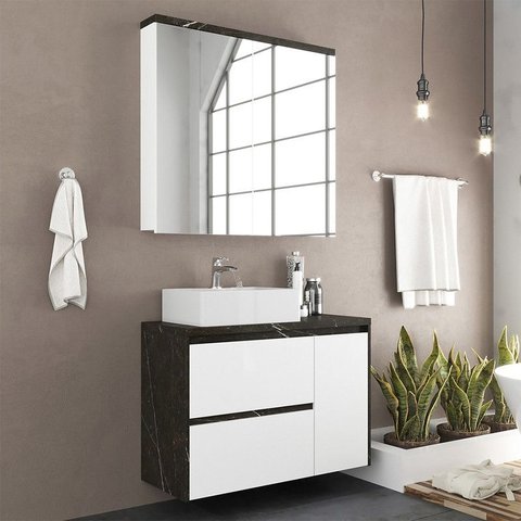 Gabinete de Banheiro 90cm com Cuba e Armário Ref 920 Cewal - Portoro/branco