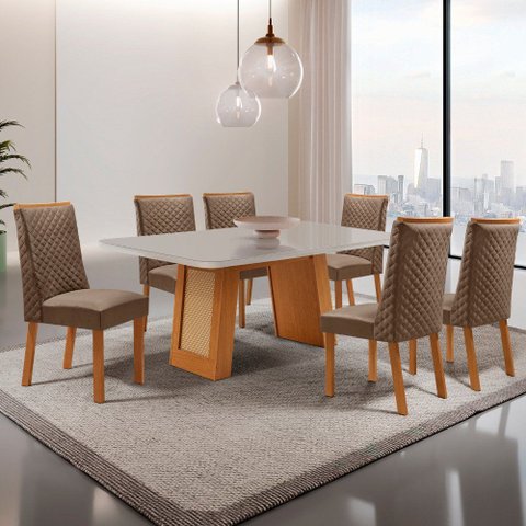 Mesa de Jantar Carolina 180cm Tampo MDF Vidro com 6 Cadeiras Yasmin