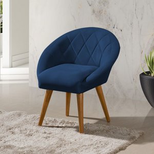 Poltrona Decorativa Canastra Estofada Veludo Azul Marinho Pés Palito em Madeira Maciça