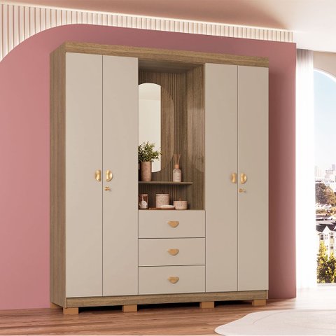 Guarda Roupa Roupeiro Capelinha Aurora 4 Portas 3 Gavetas c/ Espelho Oval Nature Fendi Vila Rica