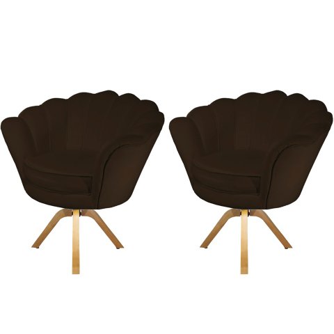 Kit 2 Poltronas Decorativa Pétala Base Giratória Madeira Suede Marrom Ms Decor