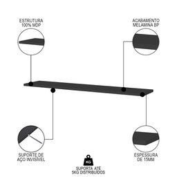 Prateleira Flutuante para Banheiro com Suporte Invisível 68x20cm Yara Preto - Lumil - 6 Prateleira Flutuante para Banheiro com Suporte Invisível 68x20cm Yara Preto - Lumil - 6
