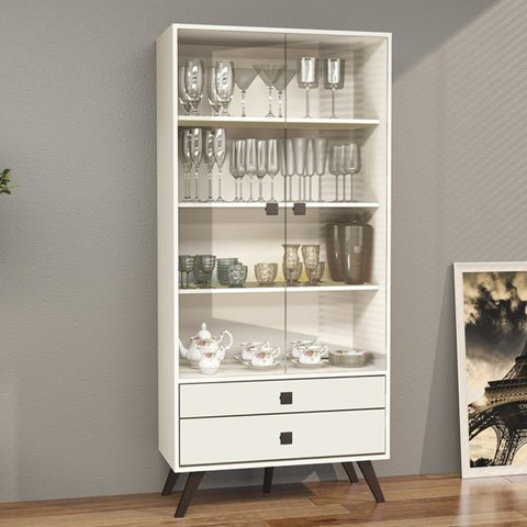 Cristaleira Retrô 2 Portas Vidro 2 Gavetas MDP Off White 80cm