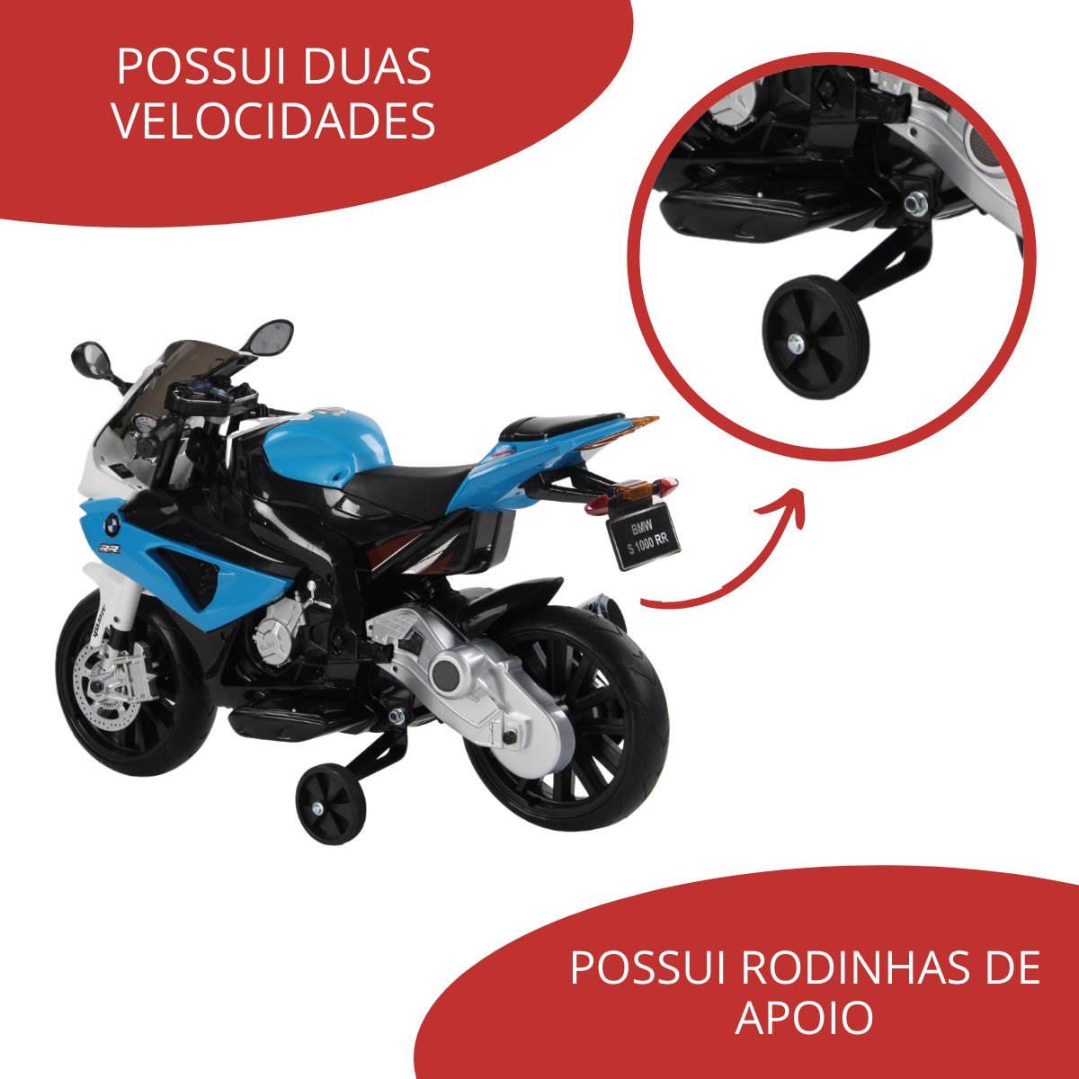 Mini Moto Elétrica Triciclo Criança Infantil Bateria 12V Bmw S1000 RR Azul Luz Som Importway Bw-179  - 5