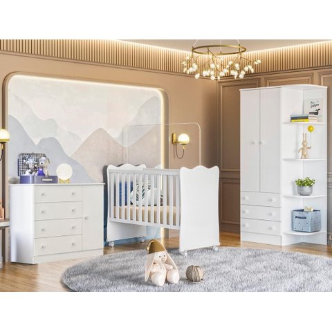 Conjunto Berço, Guarda Roupa 2 Portas e Cômoda 4 Gavetas Branco