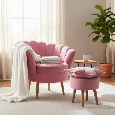 Poltrona Decorativa Pétala com Puff para Sala de Estar - Élpis Móveis - Veludo Rosa
