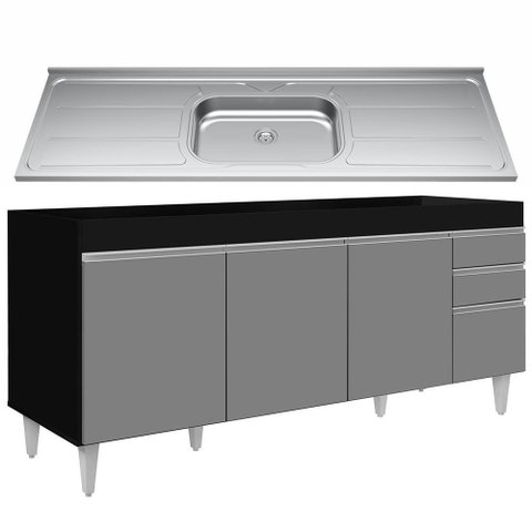 Balcão Gabinete com Pia 180cm Dallas Preto/cinza - Lumil