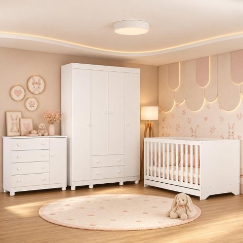 Quarto de Bebê Completo com Berço Americano 3 em 1 e Colchão Incluso Flor Multimóveis MP4947
