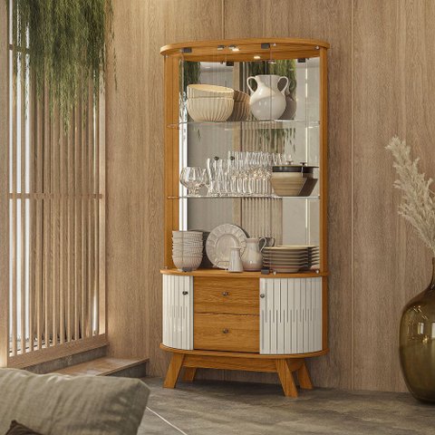 Cristaleira Decorativa Swank 2 Gavetas Iluminação Led Espelho Mdp Cinamomo/offwhite G97 - Gran Belo