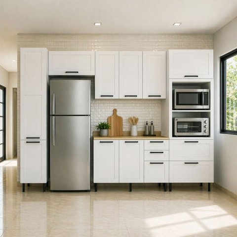 Cozinha Completa Americana Grazi 9 Portas 5 Gavetas com Tampo Branco/Carvalho Tropical - Tecno Mobil