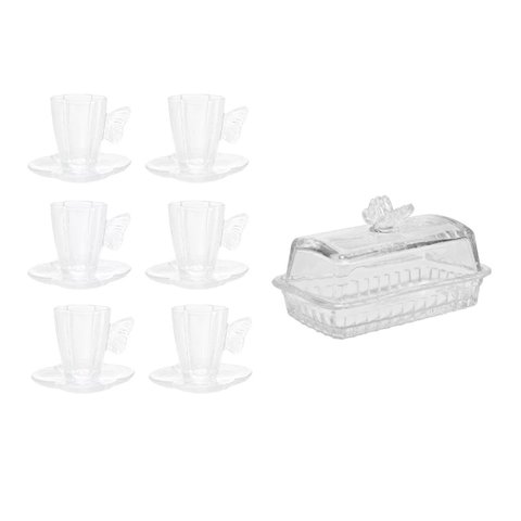 Kit 6 Xicaras P/ Café C/pires 80ml e Manteigueira Butterfly