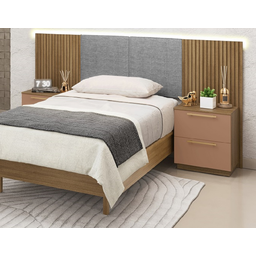 Cabeceira Ripada e Estofada em Linho Cinza com Led e Mesa Lateral Dubai Camarim Vila Rica - 1