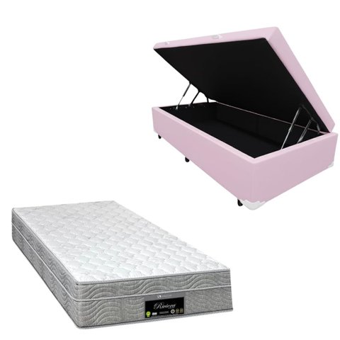 Cama Box Baú Blindada com Colchão Riviera Molas Ensacadas 25cm:corino Rosa/solteiro