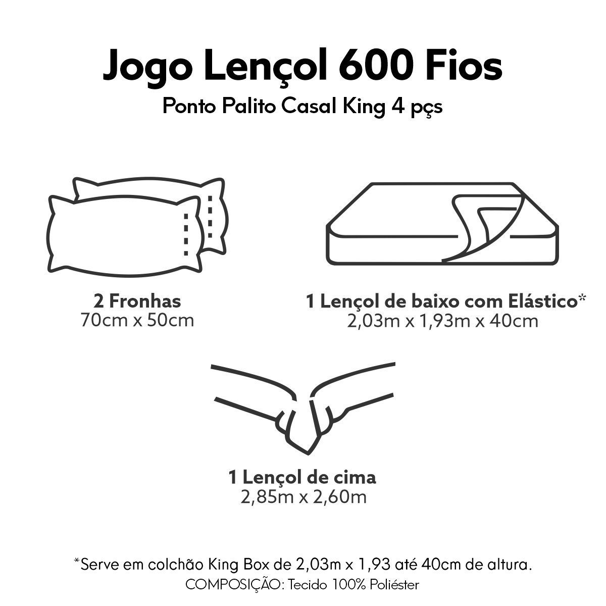 Jogo de Cama King Box Size 4 Peças Percal 600 Fios Branco - 6