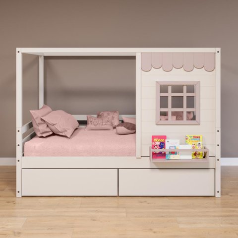 Cama Casinha Reta com 02 Gavetas Madeira Maciça Branco/ Rosa Housin