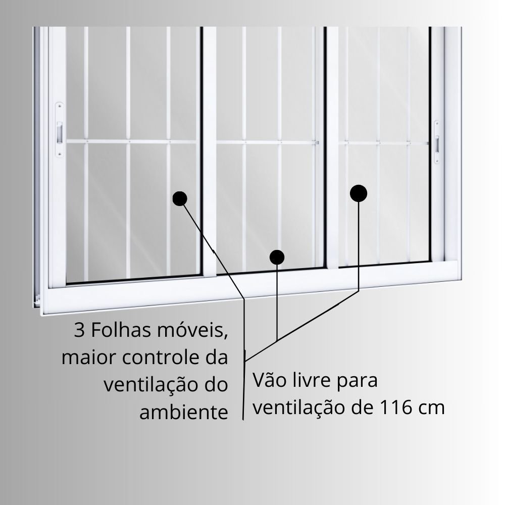 Janela de Alumínio de Correr 120x150cm 3 Folhas com Grade Lucasa - 8