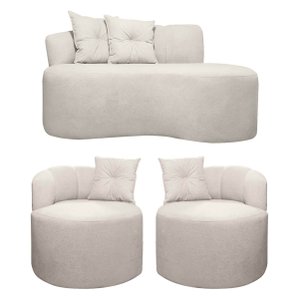 Kit Sofá Orgânico Plaza 2 Lugares 145cm e 2 Poltronas Linho Bouclê Bege Sofa Store