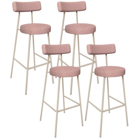 Kit 04 Banquetas Alta Bar Cozinha Sala de Jantar Aço Milão Arena L02 Linho Rosa - Lyam Decor