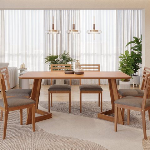 Conjunto Sala de Jantar Caju 180cm sem Vidro com 6 Cadeiras Juparanã Marrom/Cinamomo/Grafite