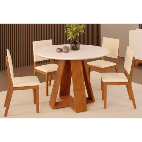 Conjunto: Mesa de Cozinha Celeste Tampo Madeirado C/ Vidro Redondo 103x103cm e 4 Cadeiras Talia