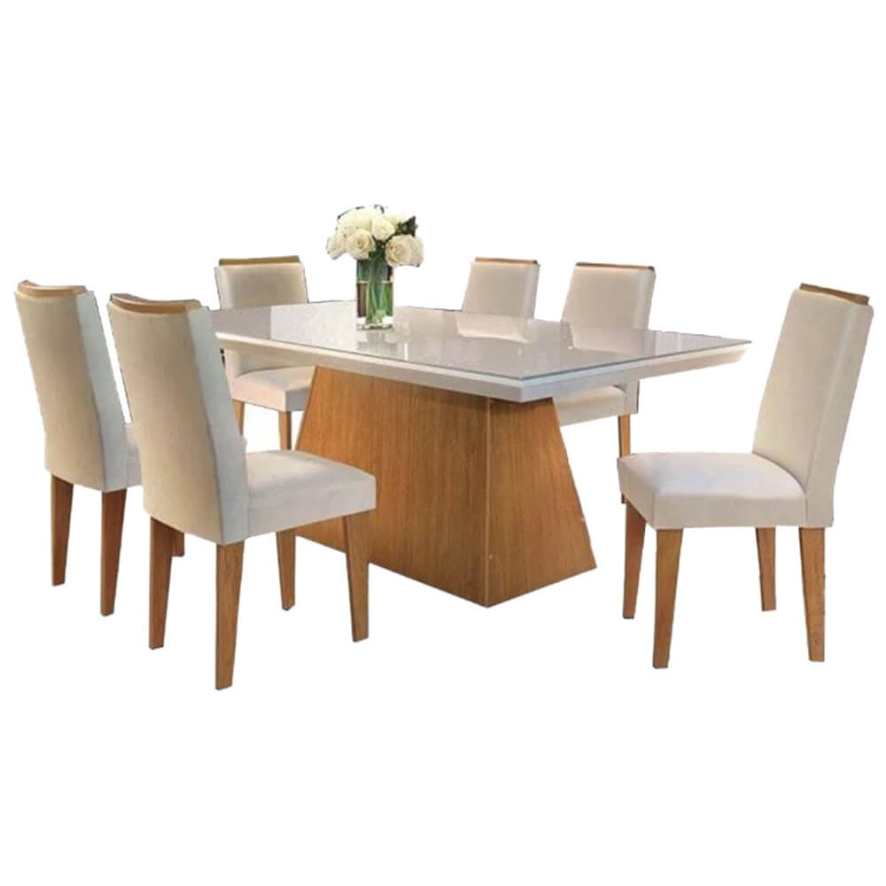 Conjunto Mesa de Jantar com 6 Cadeiras Luna Imbuia Off White 180x90cm