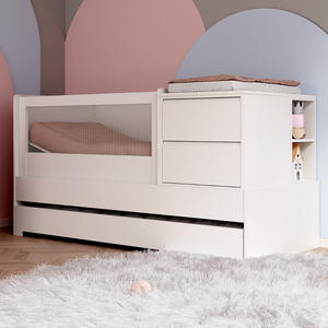 Berço Multifuncional com Cama Auxiliar Cômoda 2 Gavetas 2 Nichos Regulagem de Estrado Sol e Mar 