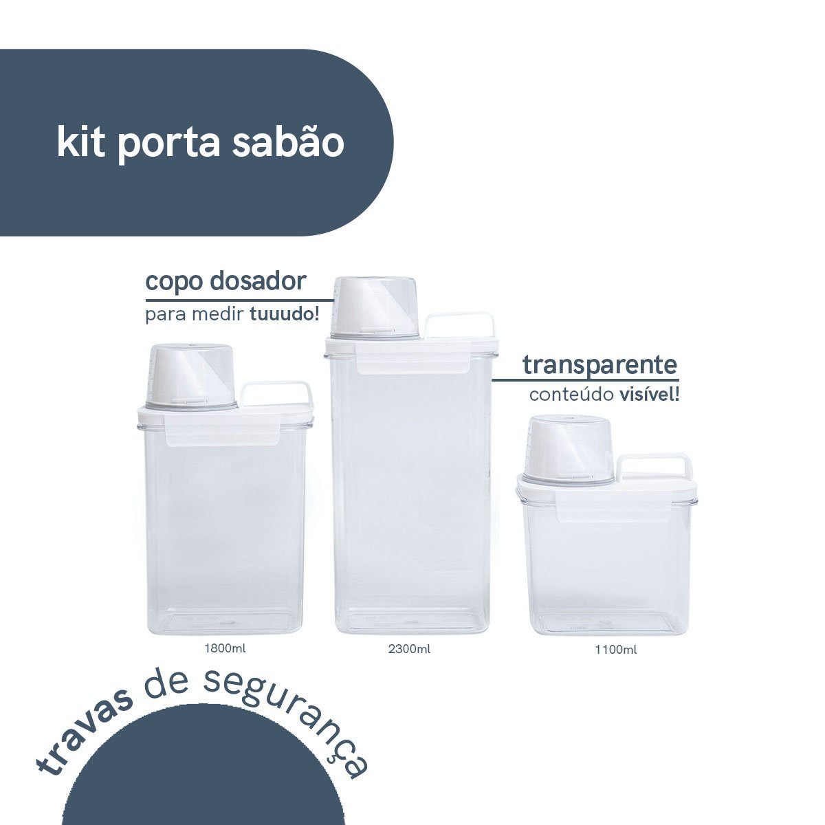 Kit com 3 Porta Sabão em Pó com Copo Dosador e Travas - Oikos - 3