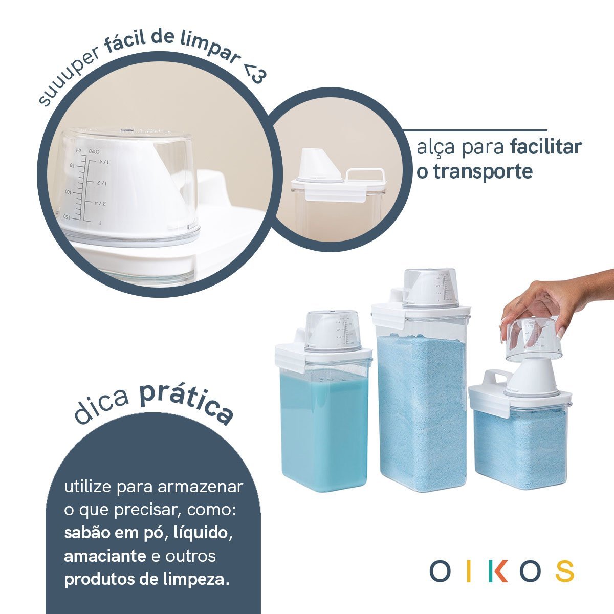 Kit com 3 Porta Sabão em Pó com Copo Dosador e Travas - Oikos - 4