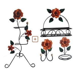 Kit para Banheiro 4 Peças em Ferro com Rosas:laranja