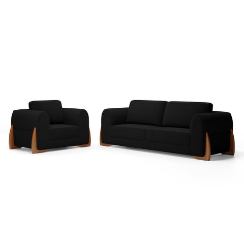 Kit Poltrona e Sofá Bloom 180cm 02 Lugares com Pés de Madeira Bouclê Preto - Desk Design
