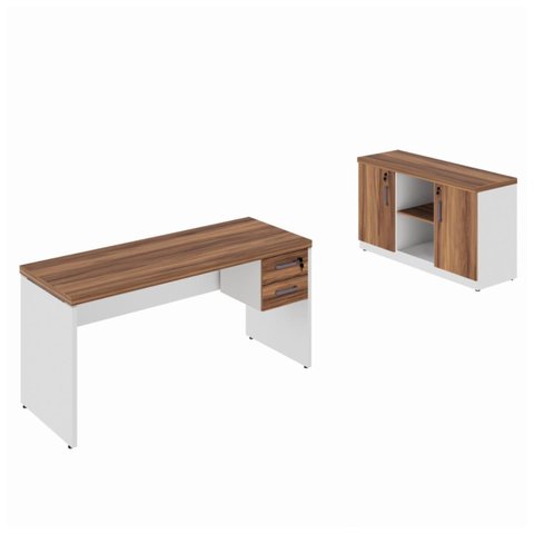 Kit Mesa Escritório 1,20x0,60m C/ Gavetas + Armário Baixo Credenza - Workstart - Nogal Sevilha/branc
