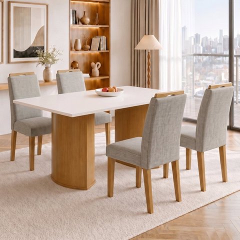 Conjunto Sala de Jantar 6 Lugares Isla e Lyra MDF Cinamomo Off White e Cinza