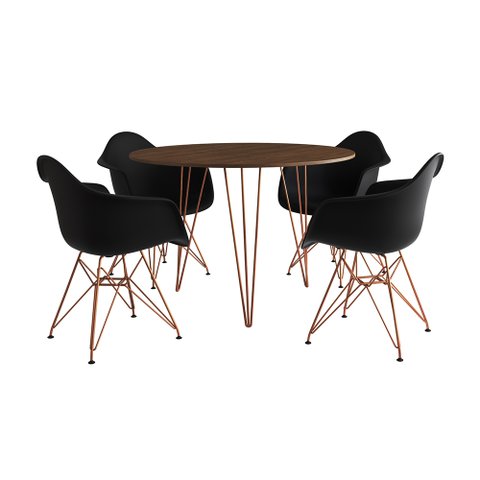 Mesa Jantar Redonda 90cm Amêndoa Clips 3 Pés com 4 Poltronas Eiffel Eames Daw Pretas Base Cobre