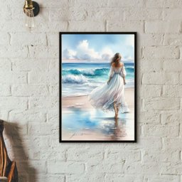 Quadro Mulher Caminhando Praia Aquarela 33x24cm - com Vidro:madeira Preta - 2