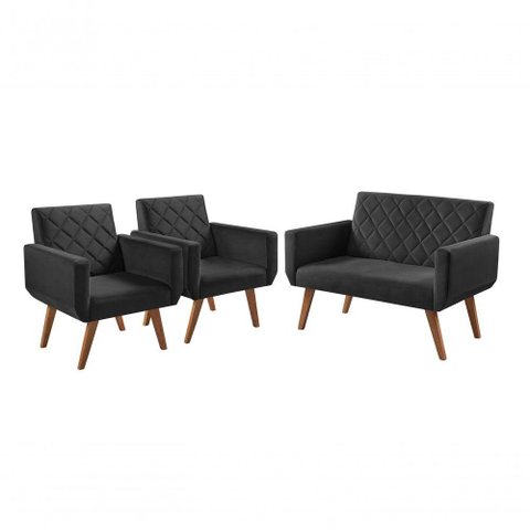 Conjunto Anabelle 2 Poltronas de 1 Lugar 1 Poltrona 2 Lugares Braço Unidecor Preto
