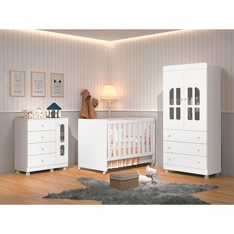 Quarto de Bebê Completo com Guarda Roupa, Cômoda e Berço Katatau Branco - Rede Móveis