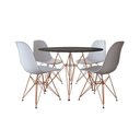 Ver imagem 1 de Mesa De Jantar Com 4 Cadeiras Brancas Tampo Redondo Preto 110Cm Com Base Em Ferro Cobre