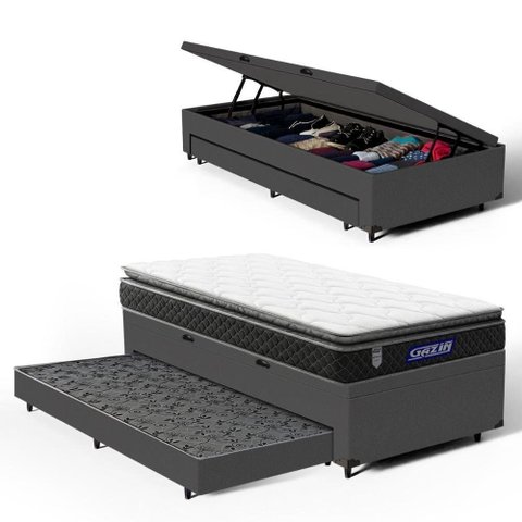 Cama Box Baú com Colchão Gazin de Espuma D28 Pillow Top Ortoblack + Auxiliar de Espuma Solteiro