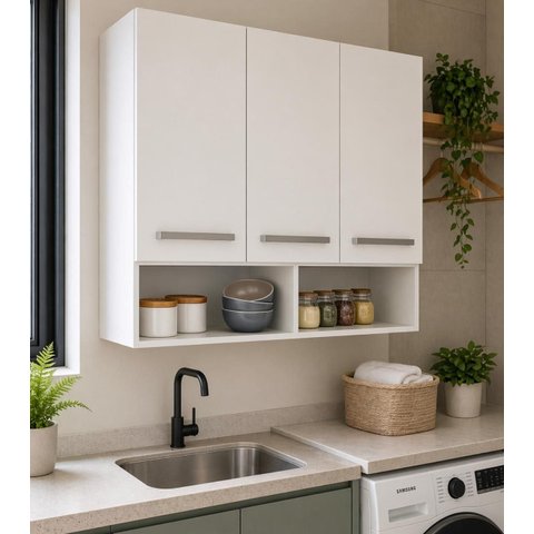 Armário Aéreo Multiuso Branco com 3 Portas e 2 Nichos para Cozinha Lavanderia e Área de Serviço