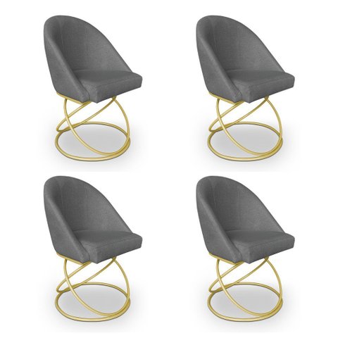 Kit 04 Cadeiras Poltrona de Jantar Bela Linho Grafite Base Metálica Luxo Dourado - Pallazio