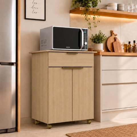 Balcão Multiuso Dourado Forno 2 Portas Gaveta Rodízios