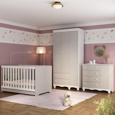 Quarto de Bebê Completo com Berço Americano 3 em 1 Dengo Multimóveis Mp4592 Branco/off White