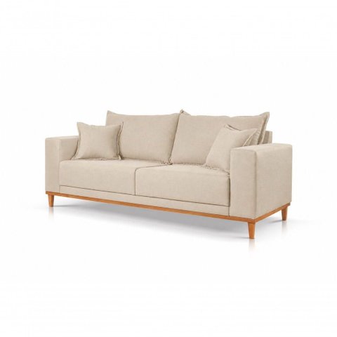 Sofá Mila 2 Lugares Fixo 180cm Bege Claro Veludo Almofada Solta Base Madeira Moderna para Sala